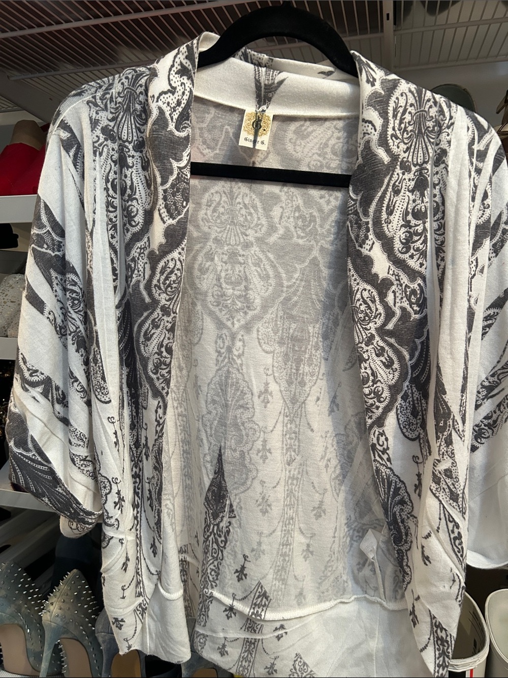 Ginger G White and Gray Paisley Open Cardigan